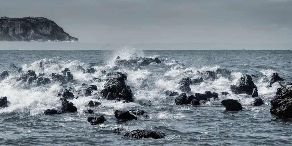 Image similar to hundred sharks seen from a rocky shore, waves