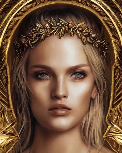 Image similar to tattoo design sketch of cute blonde super model as aphrodite greek goddess wearing a gold laurel wreath and triangle earrings, beautiful piercing gaze with sharp pupils, in the style of greg rutkowski, fantasy, amazing detail, epic, elegant, smooth, sharp focus, front view