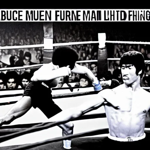 Image similar to bruce lee vs muhammad ali, arena fight, boxing ring