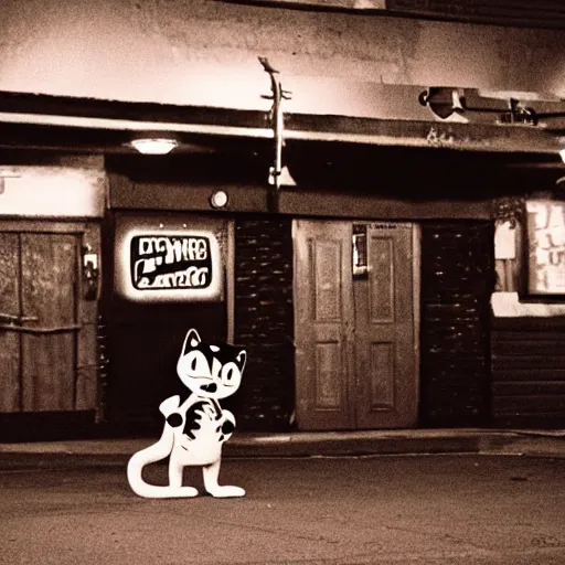 Prompt: felix the cat leaving a dive bar trashed at 3 am in the morning, film still, panavision panaflex