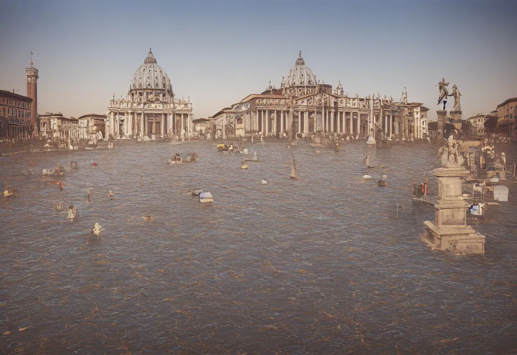 Prompt: kodak portra 4 0 0 photographic and realistic, st. peter's square in rome, detailed, octane render, unreal engine, 4 k, artstation, hyper realistic, wide angle, floor flooded, how a river, objects that float, 3 5 mm, sharp focus, soft light, volumetric light fog, in the style of gregory crewdson