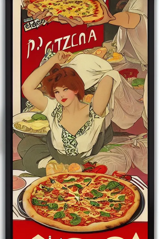 Image similar to pizza and pasta advertisment, still life, 1 9 7 0 s japan shouwa advertisement, print, nostalgic, alphonse mucha