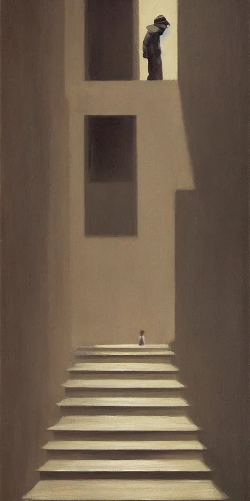 Prompt: impossible stairs, cinematic and highly detailed oil painting by josep tapiro baro and edward hopper, trending on artstation, oil painting masterpiece, symmetry, mysterious, very very very aesthetic