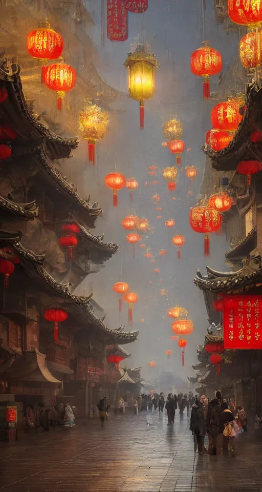 Image similar to epic scenery of a shopping street in the Chinese imperial city, intricate, elegant, volumetric lighting, digital painting, highly detailed, artstation, sharp focus, illustration, concept art, ruan jia, steve mccurry