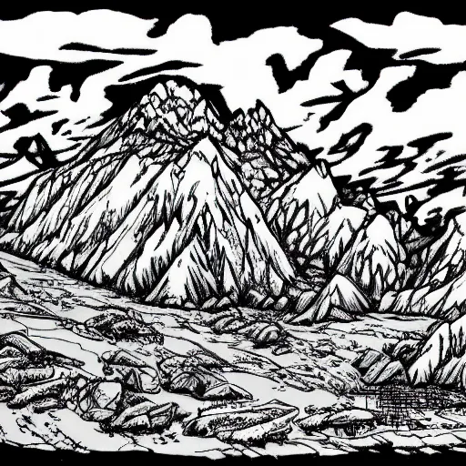 Prompt: Rocky mountains, drawn in the style of Kentaro Miura, eldritch