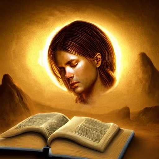 Image similar to photorealistic Bible, on a rock, heavenly light shining onto it, golden light, aura, cgsociety, artstationhq, digital art, detailed