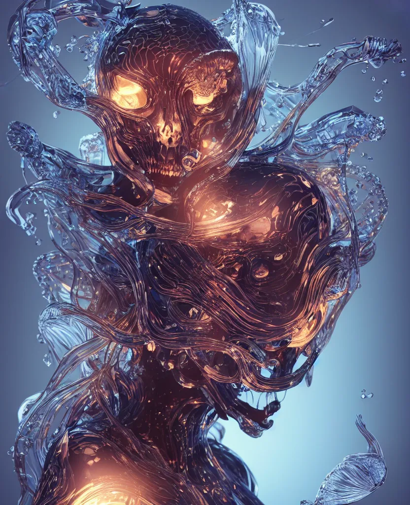 Image similar to close-up macro portrait of the face of a beautiful princess with animal skull mask, epic angle and pose, symmetrical artwork, 3d with depth of field, blurred background, cybernetic jellyfish female face skull phoenix bird, translucent, nautilus, energy flows of water and fire. a highly detailed epic cinematic concept art CG render. made in Maya, Blender and Photoshop, octane render, excellent composition, cinematic dystopian brutalist atmosphere, dynamic dramatic cinematic lighting, aesthetic, very inspirational, arthouse. y Greg Rutkowski, Ilya Kuvshinov, WLOP, Stanley Artgerm Lau, Ruan Jia and Fenghua Zhong