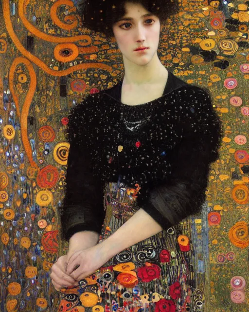 Prompt: a beautiful girl in a black dress with surrounded by colourful patterns and flowers, by gustave klimt and edgar maxence and caravaggio and michael whelan, artistic, intricate drawing, light brazen, realistic fantasy, extremely detailed and beautiful aesthetic face, 8 k resolution, dramatic lighting