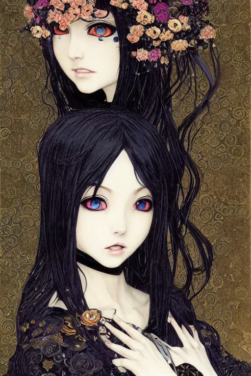 Image similar to portrait of beautiful young gothic anime maiden, cute-fine-face, pretty face, realistic shaded Perfect face, fine details. Anime, cyberpunk, Warhammer, highly detailed, artstation, illustration, art by Ilya Kuvshinov and Gustav Klimt and Gustav Klimt and Gustav Klimt and Gustav Klimt and Gustav Klimt and Gustav Klimt