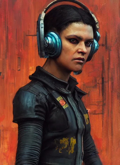 Prompt: Isabel igwe. cyberpunk mercenary wearing a cyberpunk headset and combat jumpsuit. (Cyberpunk 2077, bladerunner 2049). Iranian orientalist portrait by john william waterhouse and Edwin Longsden Long and Theodore Ralli and Nasreddine Dinet, oil on canvas. Cinematic, vivid colors, hyper realism, realistic proportions, dramatic lighting, high detail 4k