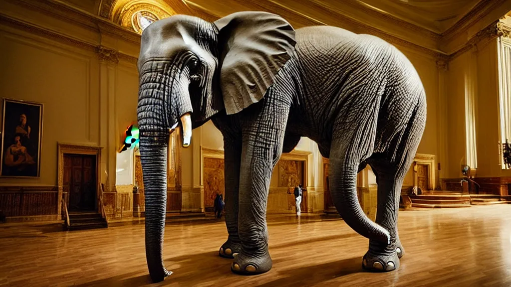 Image similar to the strange elephant in city hall, made of wax and water, film still from the movie directed by Denis Villeneuve with art direction by Salvador Dalí, wide lens