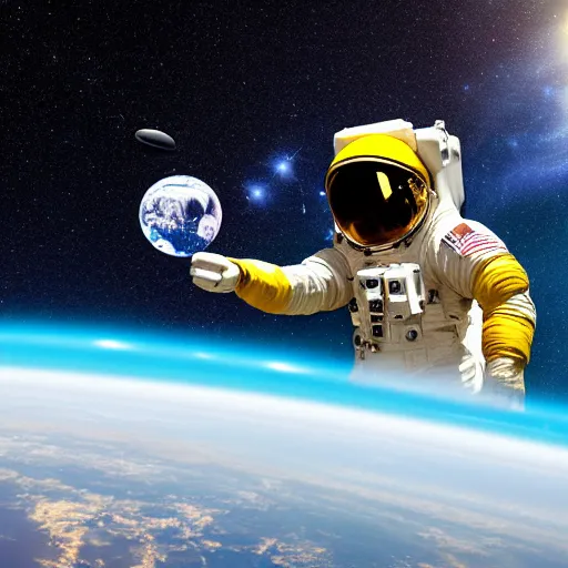 Image similar to astronaut in space, galactic background reflections on suit on one side and a yellow planet on the other side