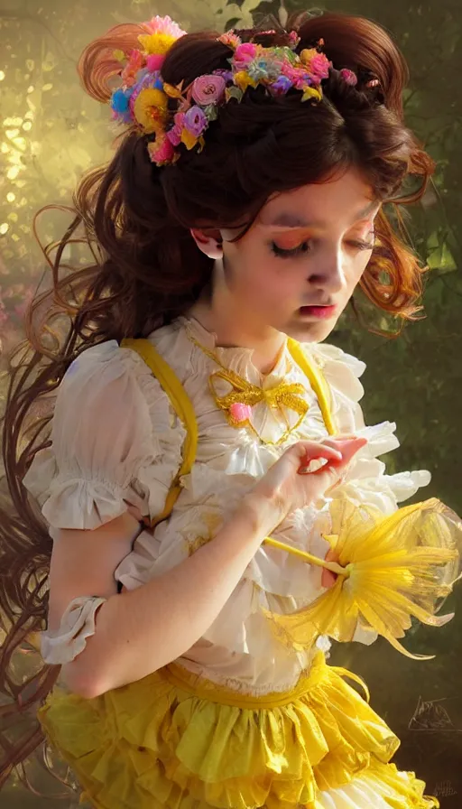 Prompt: portrait of magical lolita girl, dreamy and ethereal, bright yellow eyes, peaceful expression, ornate frilly dress, fantasy, intricate, elegant, rainbow bubbles, highly detailed, digital painting, artstation, concept art, smooth, sharp focus, illustration, art by artgerm and greg rutkowski and alphonse mucha