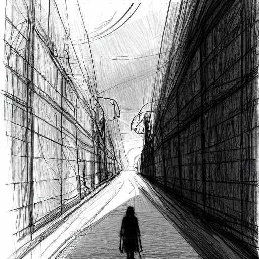 Prompt: a sketch drawing, person walks along the road, souls scream around, view to the light in the distance, gates of paradise by gabo mendoza, trending on artstation