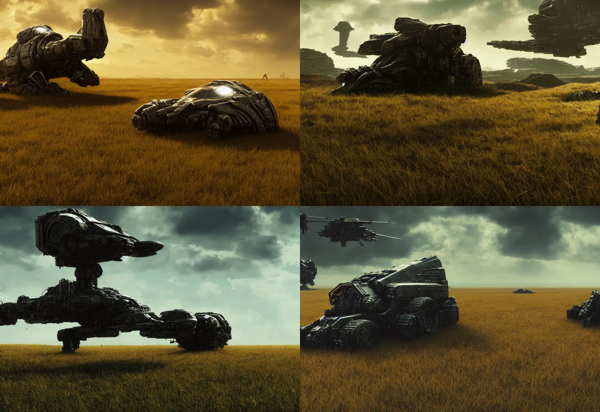 Prompt: neil blomkamp film landscape, hyper realistic, cinematic, perfect composition, golden ratio, extreamly detailed, detailed grass, detailed crash space ship, detailed sky, physical correct lgiht and shadow, photorealistic, octane render 8 k, trending on artstation