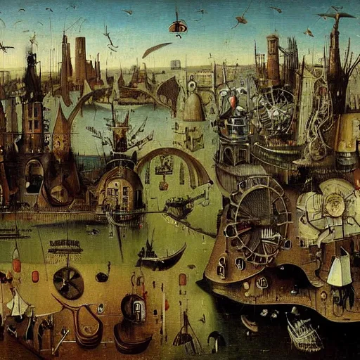 Prompt: riverside steampunk city, painting by hieronymus bosch