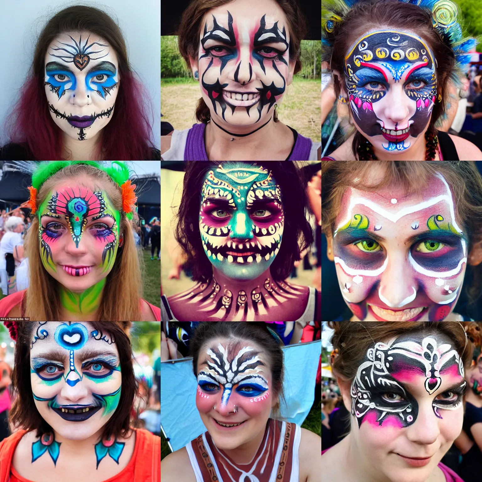 Prompt: the face of a happy and calm person at a festival who has intricately detailed face paint, beautiful face, detailed eyes, award winning, 8 k