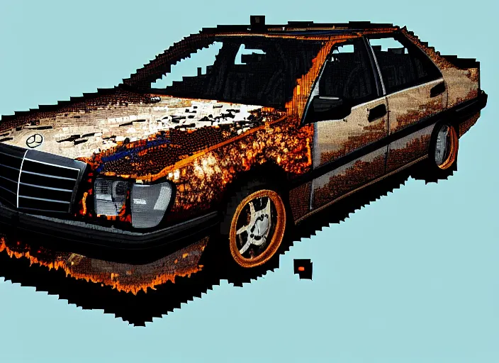 Image similar to burning wrecked mercedes 1 2 4, pixelart by kirokaze, award winning. dramatic. trending on artstation. 8 k