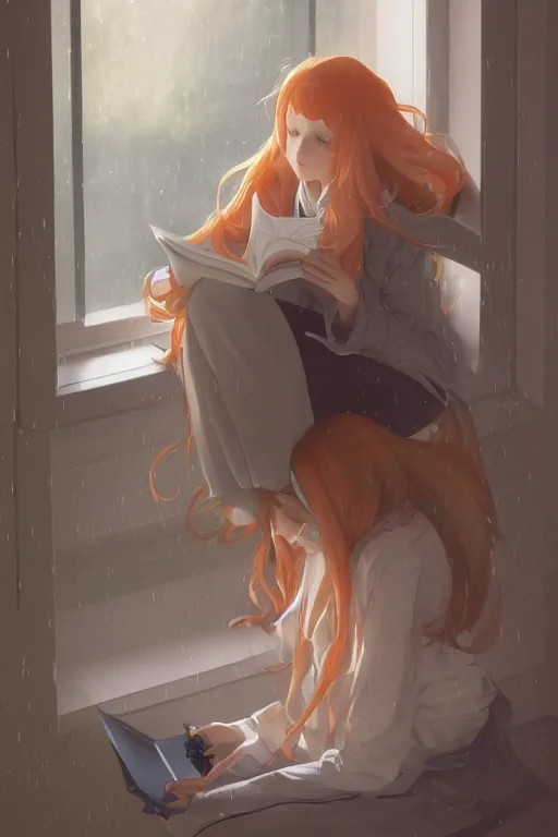 Prompt: a teenage girl in a jk uniform outfit in the bedroom reading a book in a night, raining outside the window, grey and orange theme ， wavy white long hair, by krenz cushart and mucha and akihito yoshida and greg rutkowski and wlop, detailed eyes, 4 k resolution