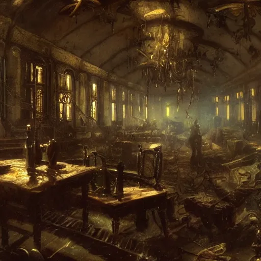 Image similar to from movie fightclub, painting hr giger tent in a room, floral ornaments, light beams, night, scene from fightclub movie, andreas achenbach