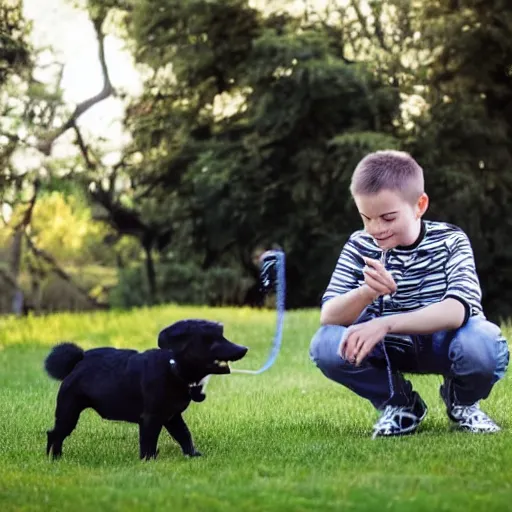 Prompt: a short young looking guy playing with his black and white dog