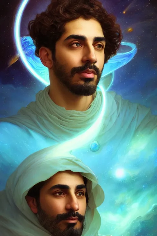 Image similar to portrait of a Persian architect and astronomer, handsome man, heroic pose, Turquoise colors, dramatic lighting, volumetric lighting, intricate, highly detailed, digital painting, artstation, concept art, smooth, sharp focus, illustration, art by artgerm and greg rutkowski and alphonse mucha, footage from space camera