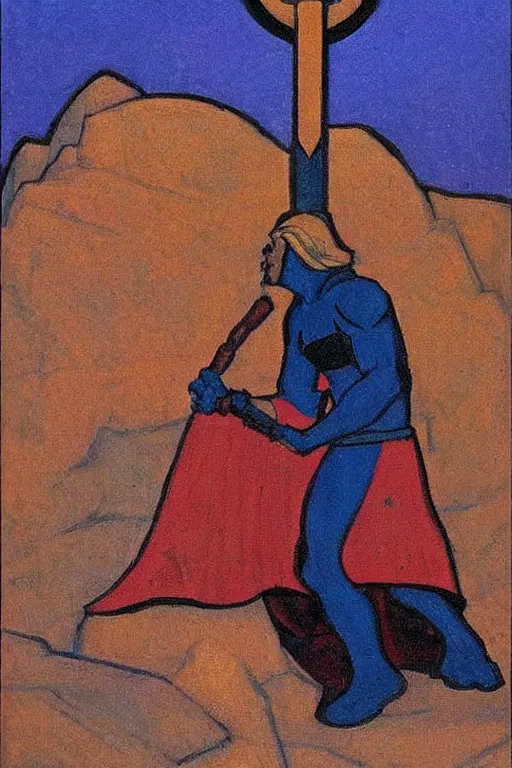 Image similar to thor with hammer, marvel, artwork by nicholas roerich,