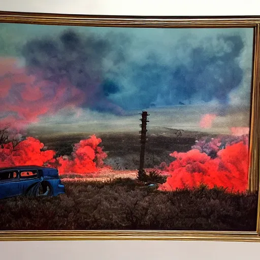 Image similar to politics, destroyed american landscape and buildings, dystopian, war, real, bright blue smoke, red clouds, detailed, award winning, masterpiece