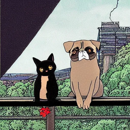 Image similar to a black cat and pug dog who are in love and hold hands while looking out over a city, Miyazaki, studio ghibli