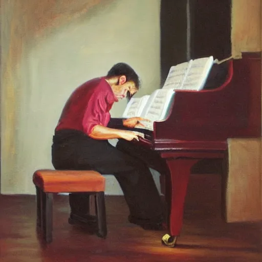 Prompt: 3 0 years old man playing piano, oil painting