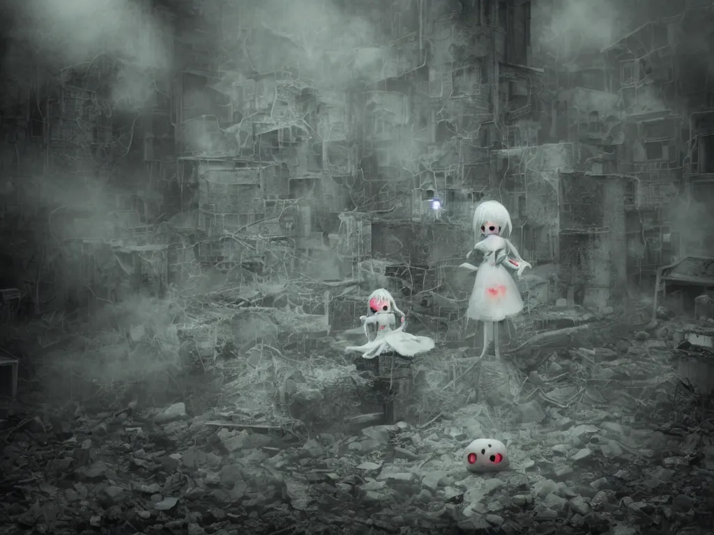 Image similar to cute fumo plush girl ghost lingering in a mysterious concrete wartorn brutalist ruin infected by floating spores of red parasitic fungus, technicolor horrorscape, chibi gothic maiden in tattered rags, dramatic three point lighting, glowing wisps of hazy green smoke and eerie volumetric fog swirling about, vray