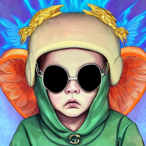 Image similar to baby Angel, baby cherub,wearing angel, face covered, Gucci, halo, ski mask, balaclava, face covered, wearing angel halo covered face, orange hoodie, hip hop, multiple golden necklaces, fantasy art apex fortnite Video game icon, 2d game art gta5 cover , official fanart behance hd artstation by Jesper Ejsing, by RHADS, Makoto Shinkai and Lois van baarle, ilya kuvshinov, rossdraws