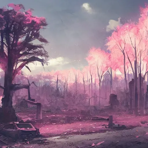Image similar to apocalyptic ruins. pink tree growing. Atmospheric lighting, gloomy, everything is dead, post apocalyptic. Makoto Shinkai, anime, trending on ArtStation, digital art.
