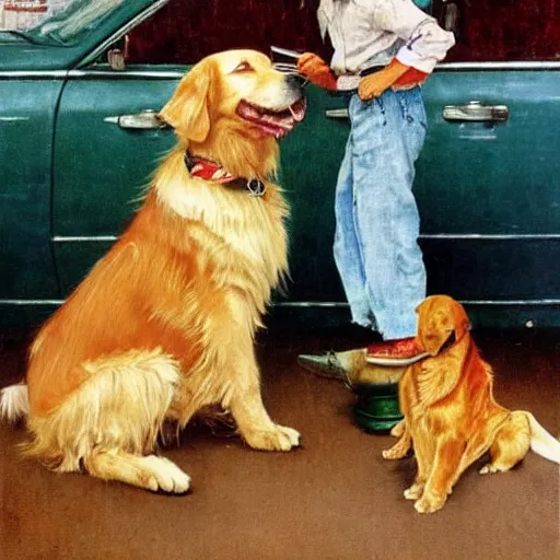 Image similar to a golden retriever trying to sell a used car, painting by Norman Rockwell