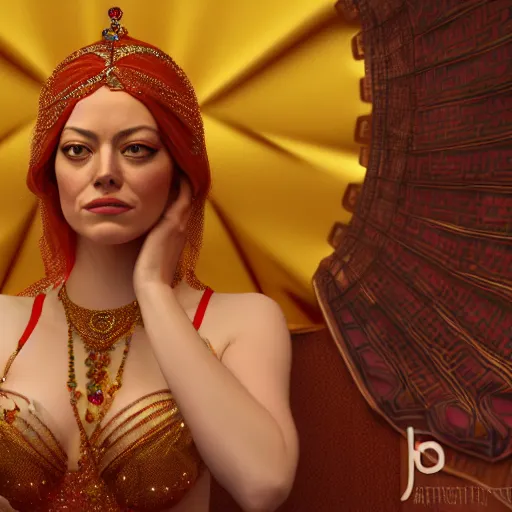 Image similar to a photorealistic portrait of actress emma stone dressed as a belly dancer, arabian night, volumetric lightening, octane render, high quality, fully detailed, 4 k, in focus sharp face with fine details, her hands by albrecht durer, inspired by belly dancer on youtube, alphonse mucha, masterpiece, stunning