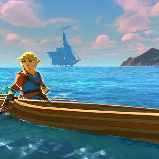 Prompt: link sailing on a boat past an island in the style of breath of the wild