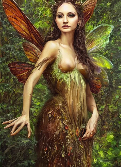 Image similar to beautiful oil painting full body portrait fairy faerie fey queen standing in forest highly detailed subtle enchanting