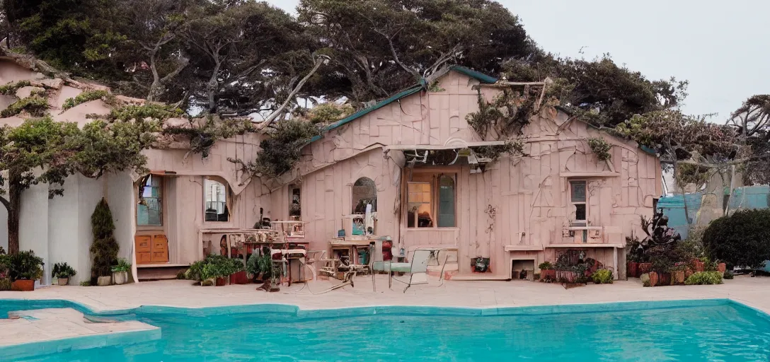 Image similar to exterior of house designed by wes anderson. monterey, ca. 2 0 2 2. 8 k.