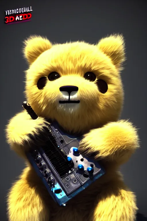 Image similar to high quality 3 d render very cute fluffy cyberpunk bear! plays electric guitar, cyberpunk highly detailed, unreal engine cinematic smooth, in the style of blade runner & detective pikachu, hannah yata charlie immer, moody light, low angle, uhd 8 k, sharp focus