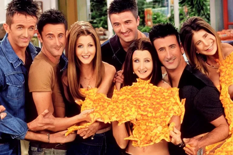 Image similar to the episode of Friends where everyone gets covered in nacho cheese