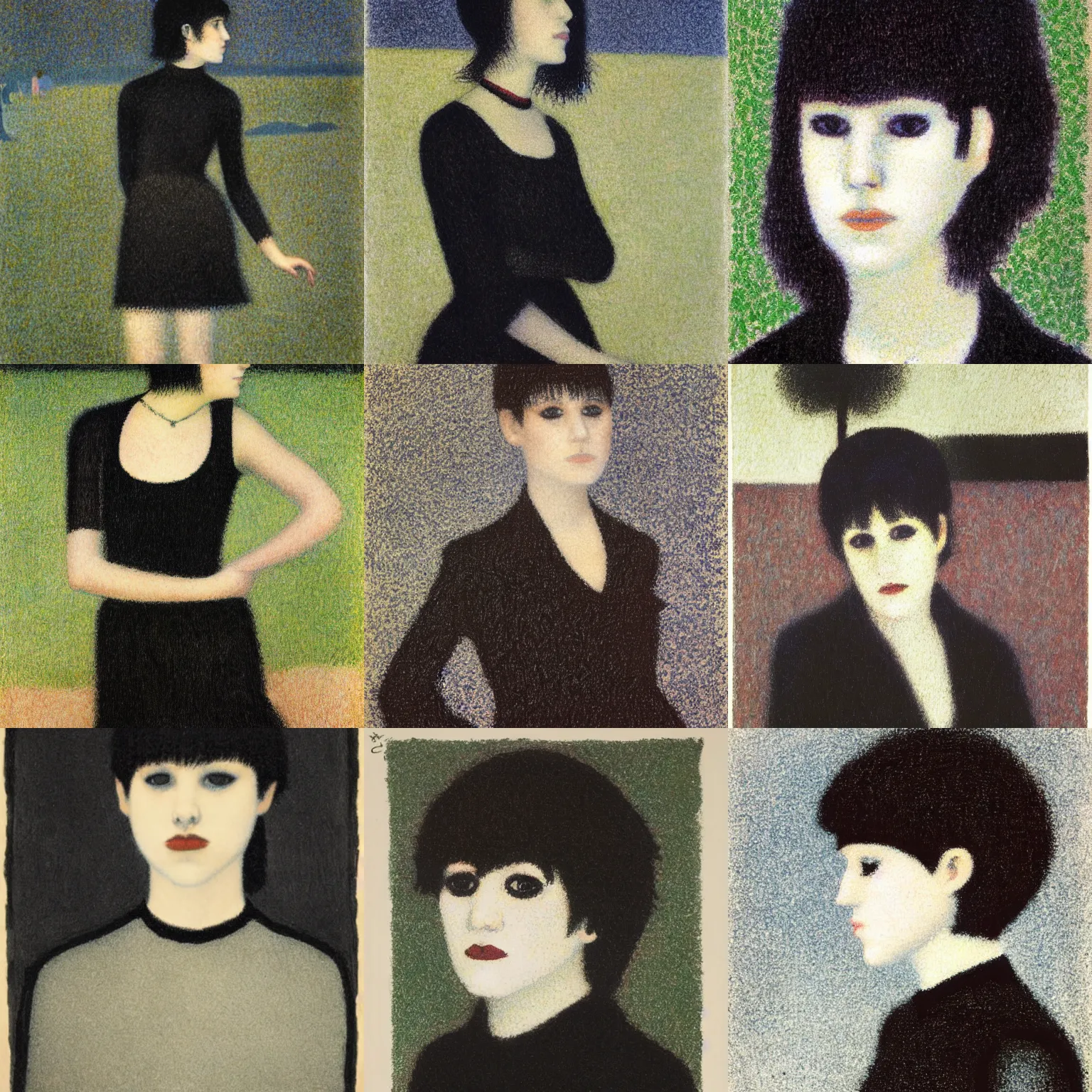 Prompt: an emo by georges seurat. her hair is dark brown and cut into a short, messy pixie cut. she has large entirely - black eyes. she is wearing a black tank top, a black leather jacket, a black knee - length skirt, a black choker, and black leather boots.