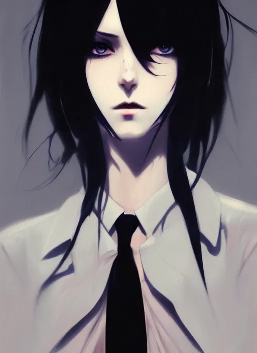 Prompt: ultradetailed beautiful panting of a stylish goth woman wearing a shirt with a tie, dramatic, she has black hair, distressed, by greg rutkowski, james jean, makoto shinkai, ilya kuvshinov, on artstation