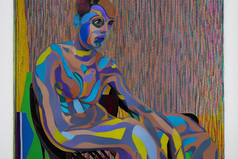 Prompt: portrait of a morphed mosaic painted harlequin sitting on a plastic garden chair looking into a screen doing makeup by james jean and luc tuymans and beeple and hernan bas and pat steir and hilma af klint, psychological, dripping paint, high quality render, masterpiece