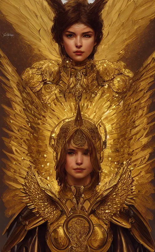 Image similar to Portrait of an archangel with golden wings, heavy armor and helmet, confident, heaven background, intricate, headshot, highly detailed, digital painting, artstation, concept art, sharp focus, cinematic lighting, illustration, art by artgerm and greg rutkowski, alphonse mucha, cgsociety