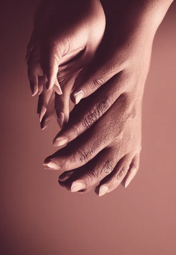 Image similar to an instagram photo of one ultra detailed woman's palm held against the floor, instagram photo, studio photo