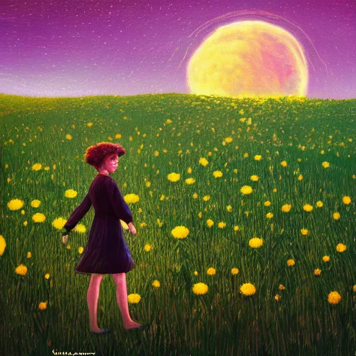 Image similar to giant daisy flowers as a head, girl walking in wheat field, hills, surreal photography, moon light, dark night, star trails, dramatic light, impressionist painting, clouds, digital painting, artstation, simon stalenhag