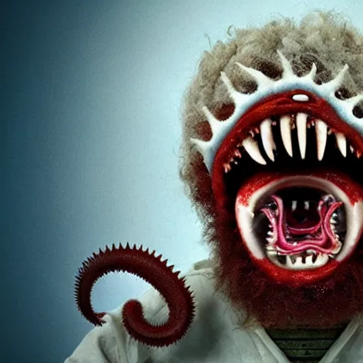 Image similar to filmic bearded man with living teeth and tentacles in the style of the horror film The Thing 1982