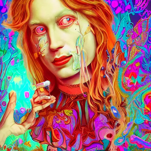 Prompt: an extremely psychedelic portrait of alice in wonderland, surreal, lsd, face, detailed, intricate, elegant, lithe, highly detailed, digital painting, artstation, concept art, smooth, sharp focus, illustration