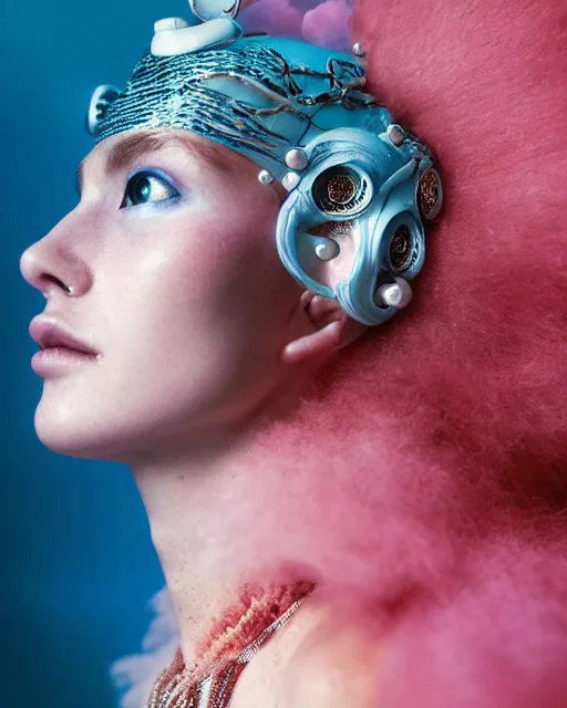 Prompt: natural light, soft focus portrait of a cyberpunk anthropomorphic coral with soft synthetic pink skin, blue bioluminescent plastics, smooth shiny metal, elaborate ornate head piece, piercings, skin textures, by annie leibovitz, paul lehr