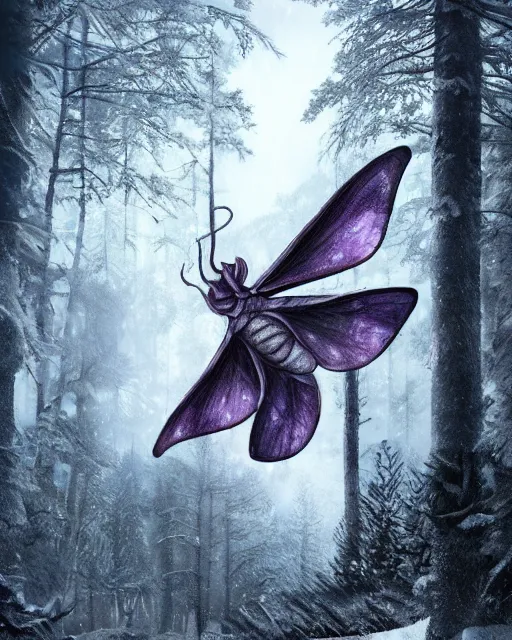 Prompt: realistic moth dragon, grey and purple color scheme, in a snowy pine forest, dynamic shadows, dynamic colors, trending on artstation, 4 k